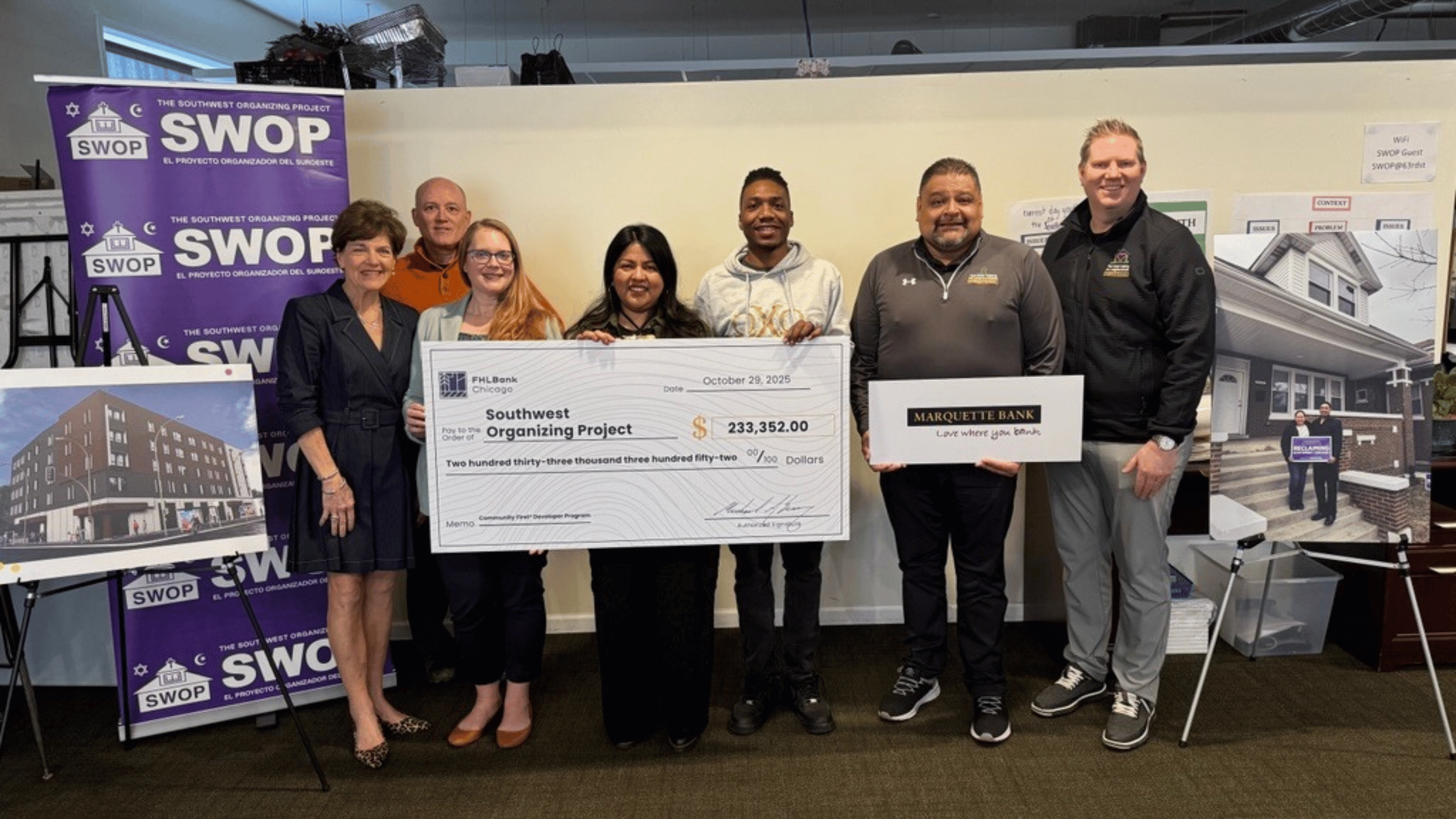 SWOP + Marquette Big Check FHLBank Chicago presents Marquette Bank and SWOP with their Developer Program Check