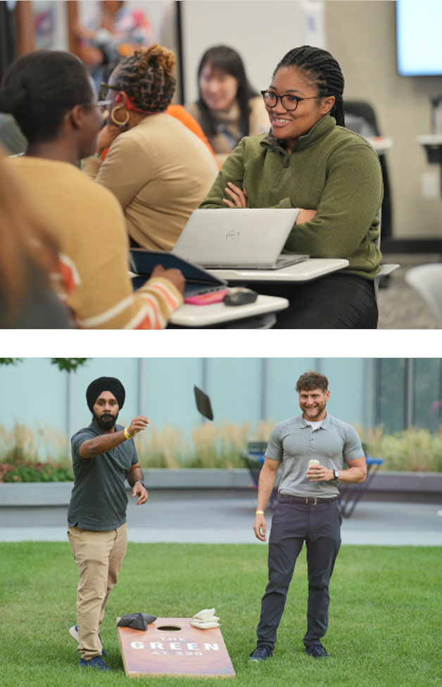 2 women talking and 2 men playing cornhole